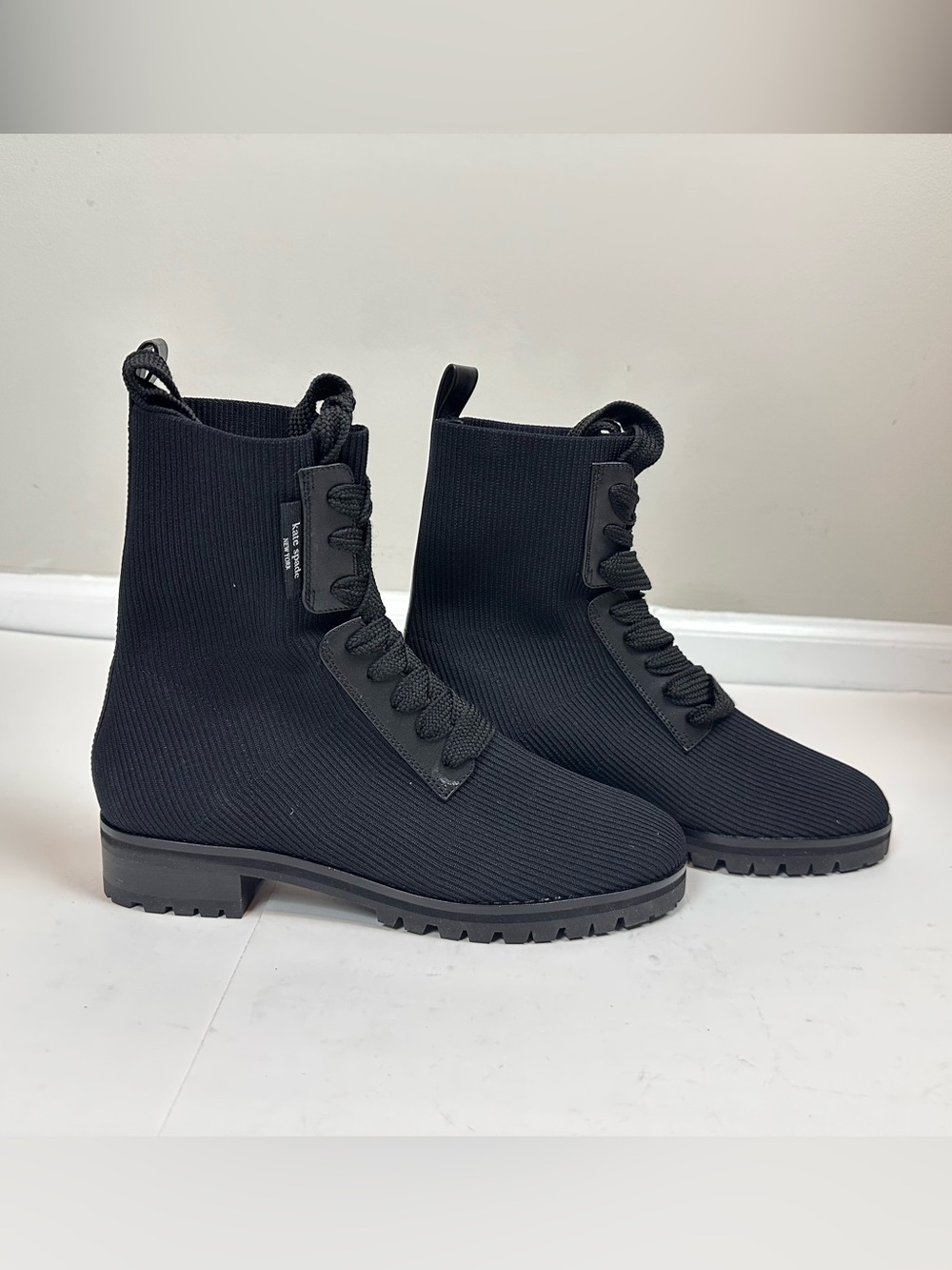 Kate Spade Merigue Black Knit Lace Up Combat Boots Women’s 8.5B